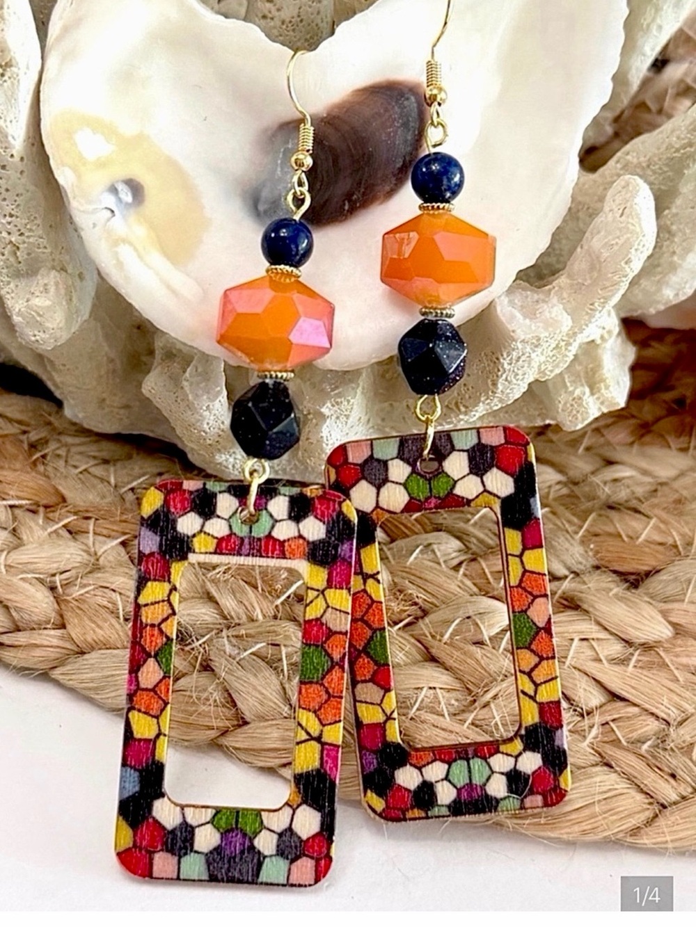 Colorful Crystal Bead Wood & Navy Sandstone Earrings